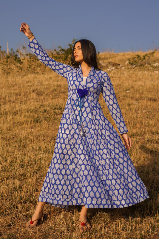 Sufiana Blue Cotton Hand Block Print Maxi Dress