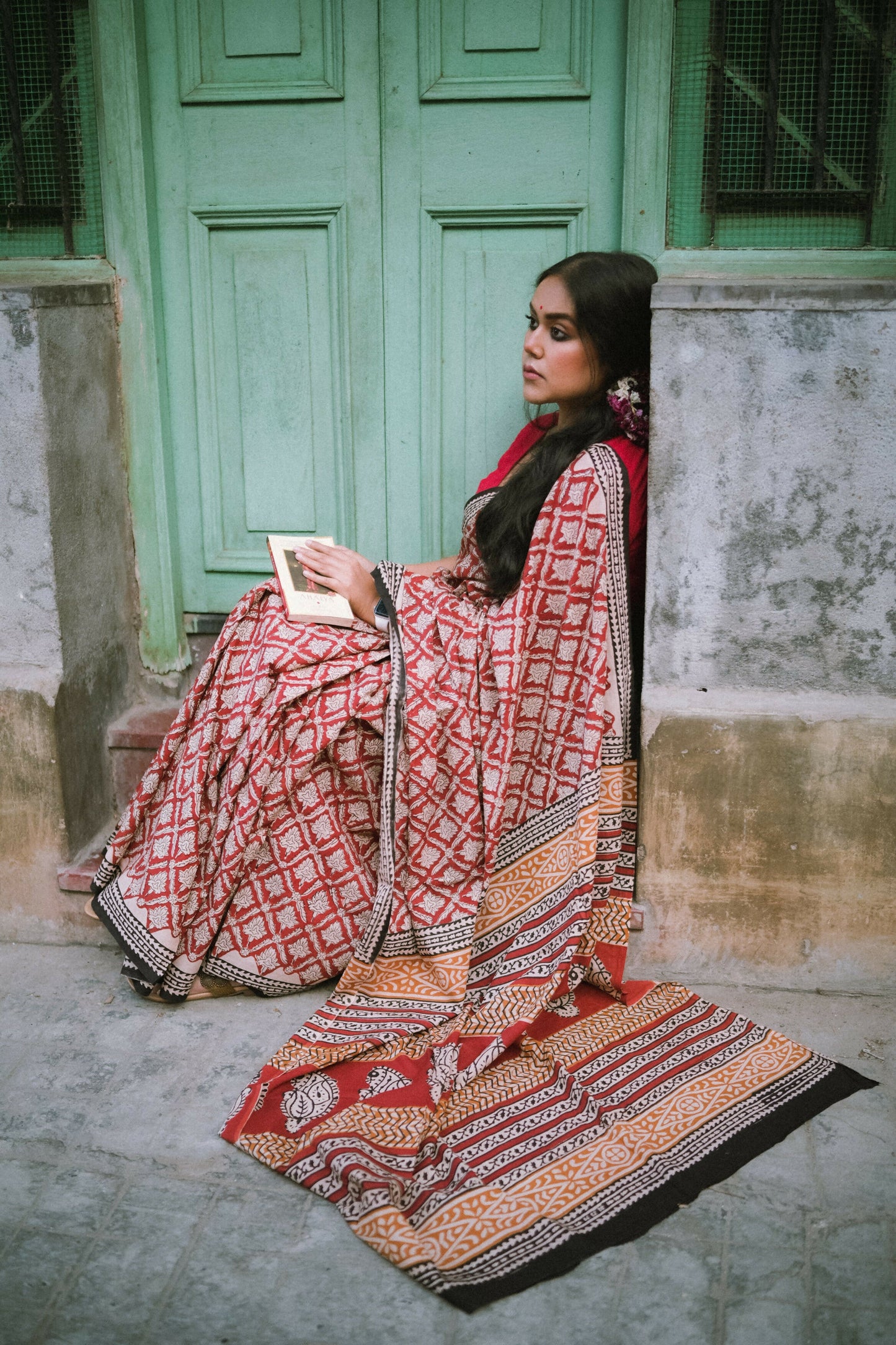 Brick Red Bagru Saree Handblock Print Natural Dyed Mulmul Cotton Saree