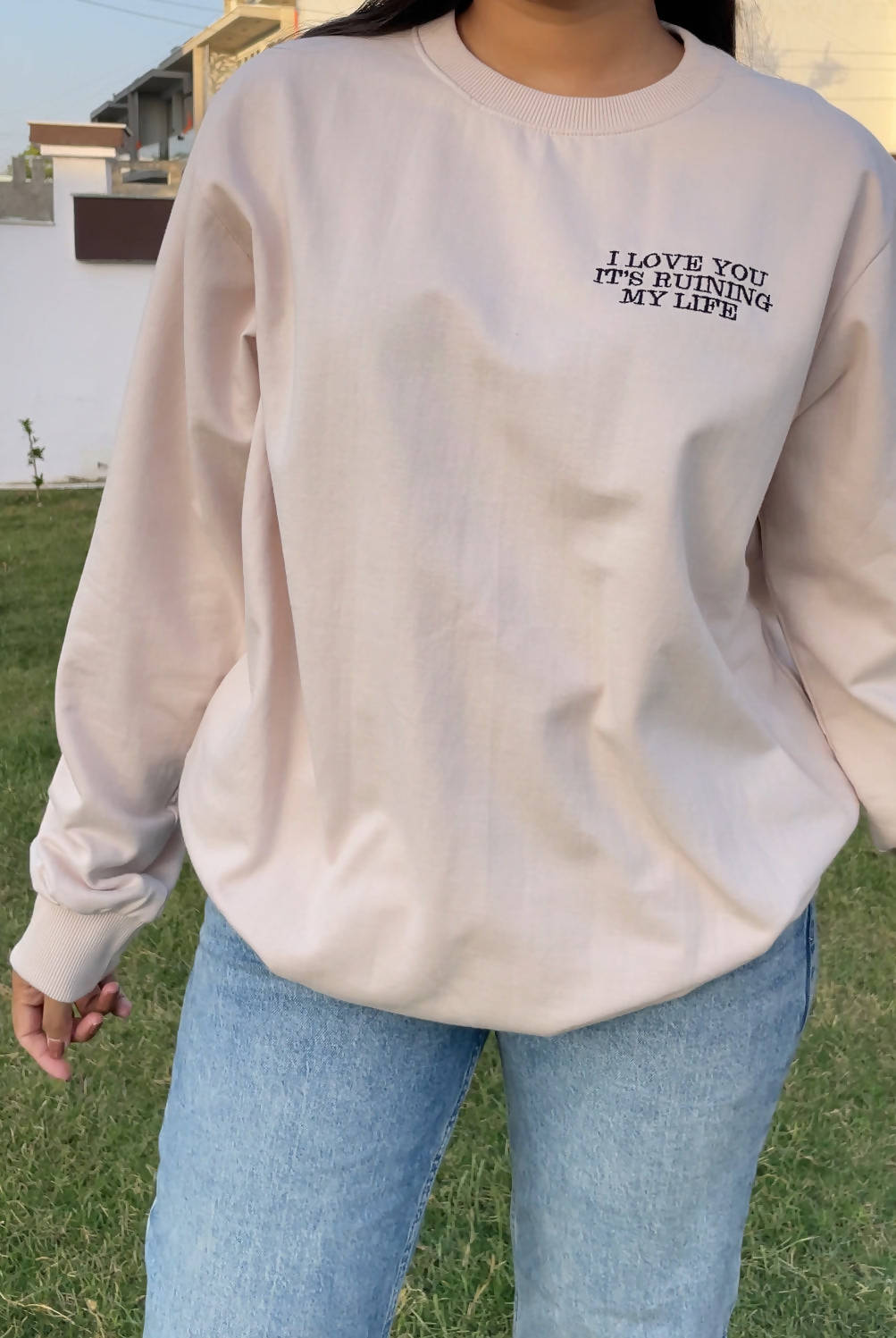 I Love You Beige Embroidered Sweatshirt