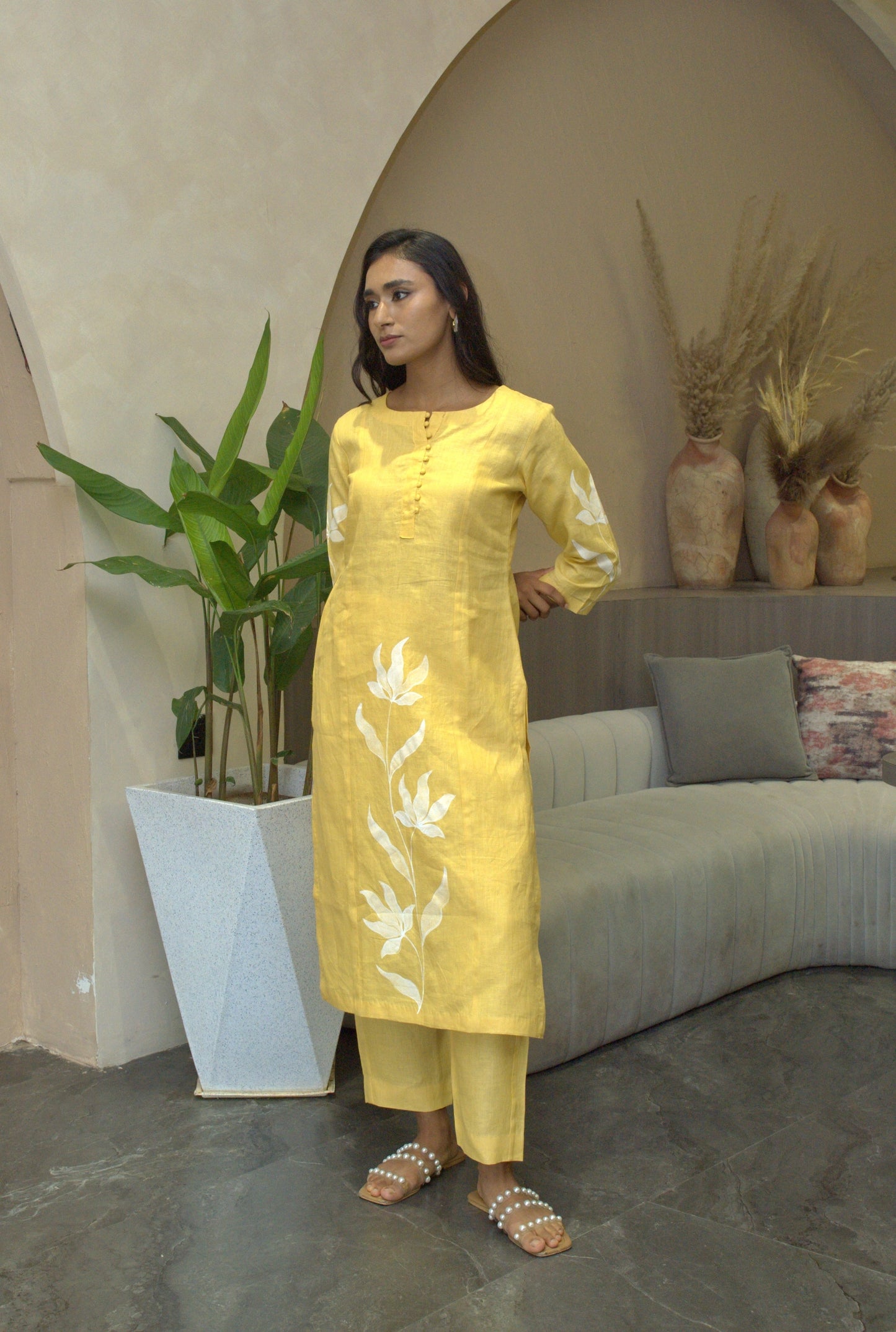 Iris Yellow Linen Kurta Set