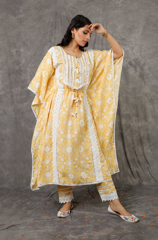 Yellow/Peach Long Kaftan Set with Embroidered Pants
