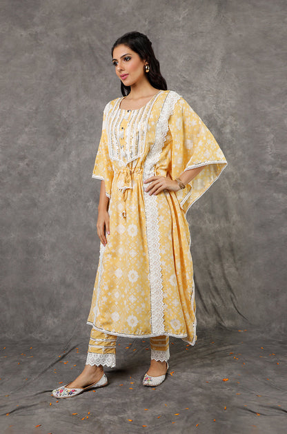 Yellow/Peach Long Kaftan Set with Embroidered Pants