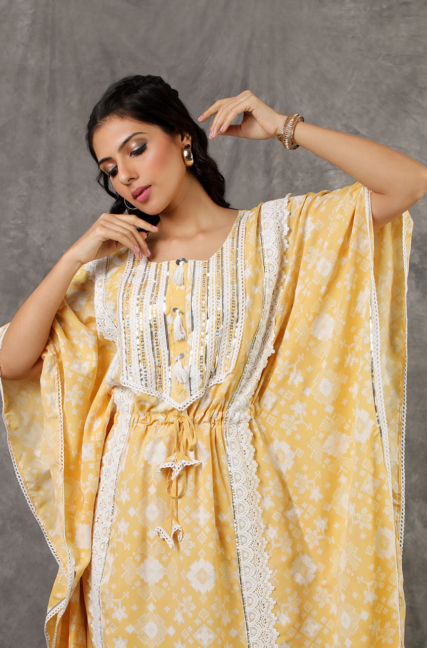 Yellow/Peach Long Kaftan Set with Embroidered Pants