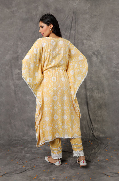 Yellow/Peach Long Kaftan Set with Embroidered Pants