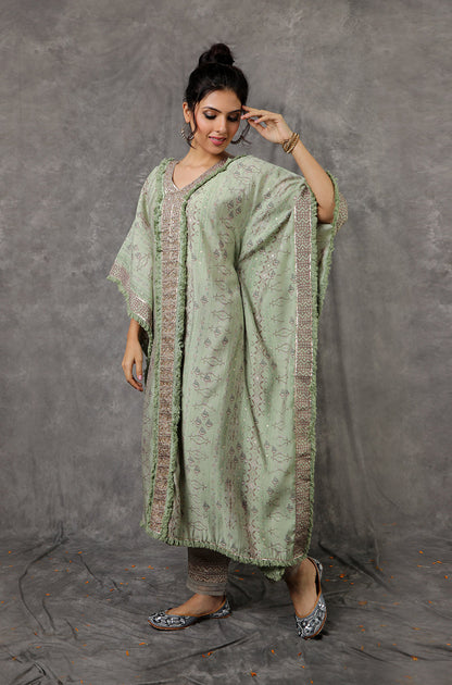 Green/Peach Kaftan Set With Embroidered Pants