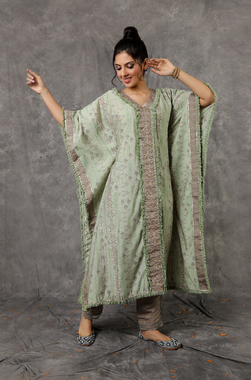 Green/Peach Kaftan Set With Embroidered Pants