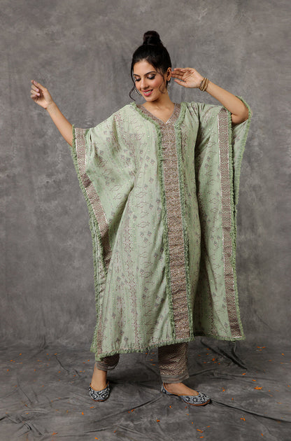 Green/Peach Kaftan Set With Embroidered Pants