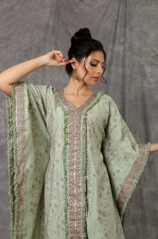 Green/Peach Kaftan Set With Embroidered Pants