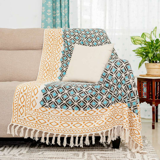 Teal Block Print Sofa Throw