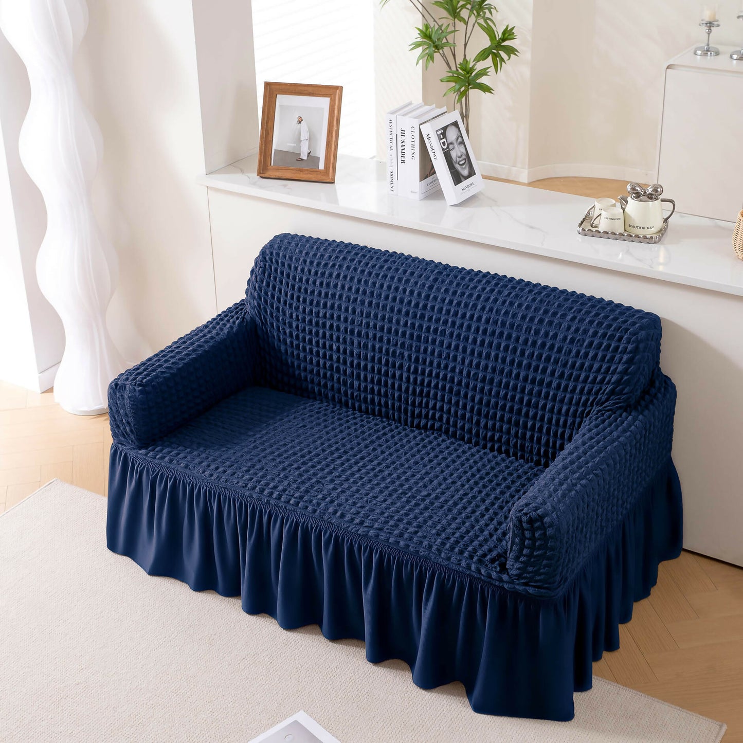 Stretchable Turkish Sofa Cover with Bubble Fabric & Frill