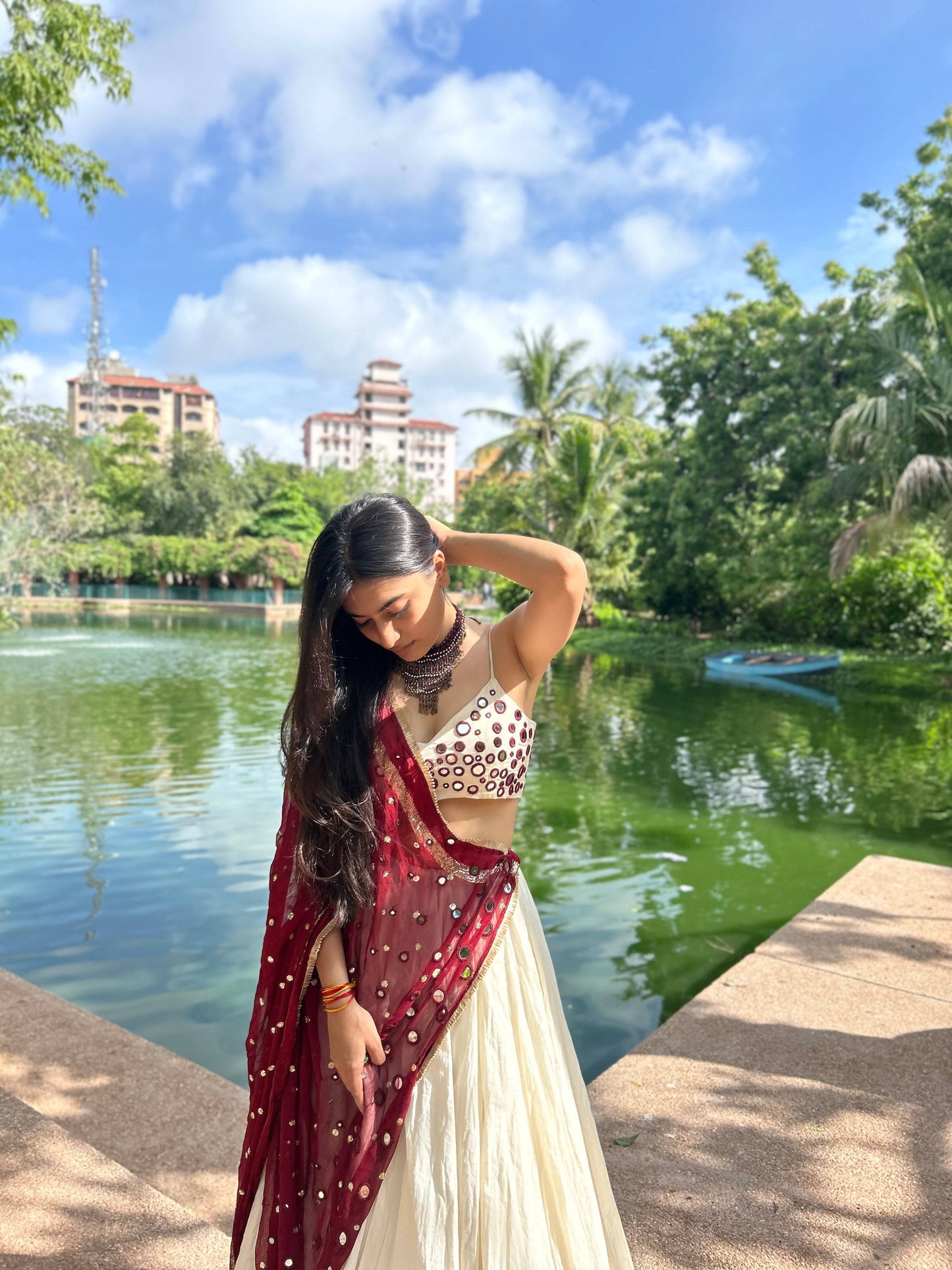 Maroon White Chiffon Cotton Lehenga