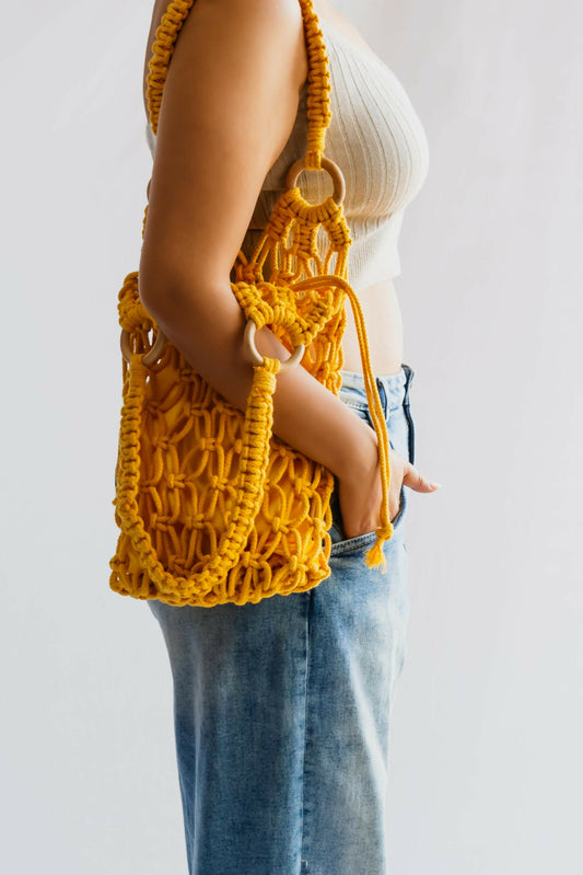 Hand-Knotted Yellow Tote Bag with Detachable Pouch