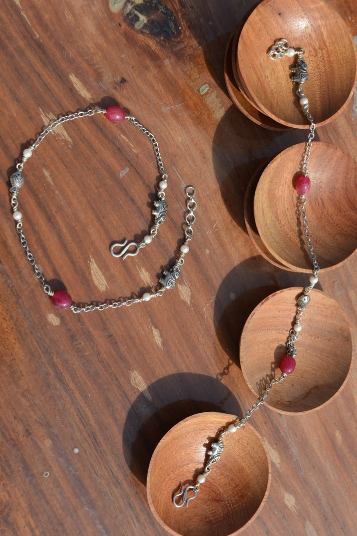 Silver Elephant Red Onyx Anklet