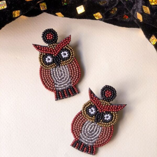 Midnight Owl Brown Beaded Earrings