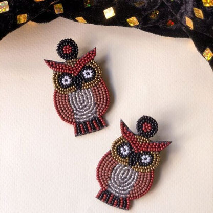 Midnight Owl Brown Beaded Earrings