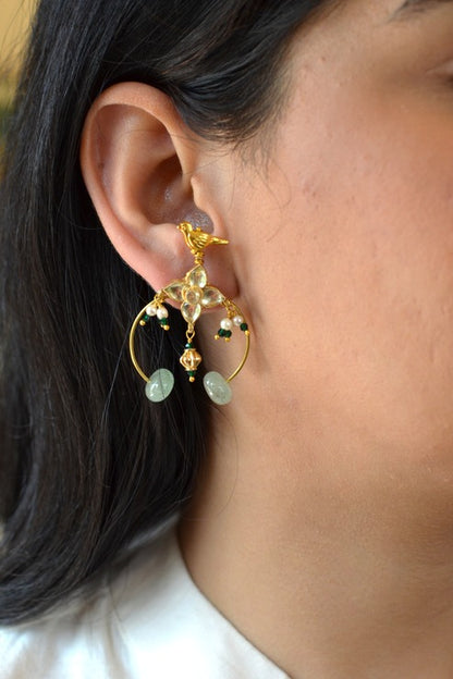 Stone Studded Polki Bird Hoops in Sage Green