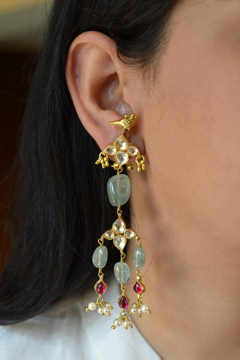 Long Chauki Bird Earrings in Sage Green