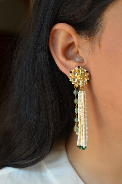 Pushpa Pearl Tassel Earrings in Green