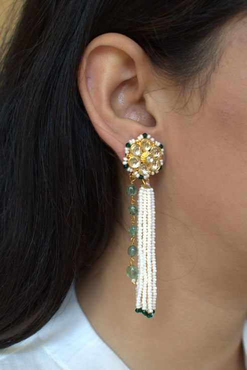 Pushpa Pearl Tassel Earrings in Green