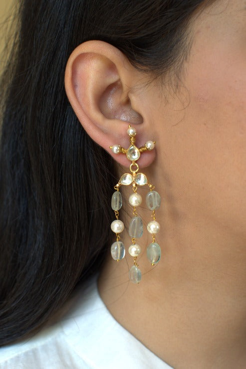 Kundan Drop Crown Earrings in Mint Green