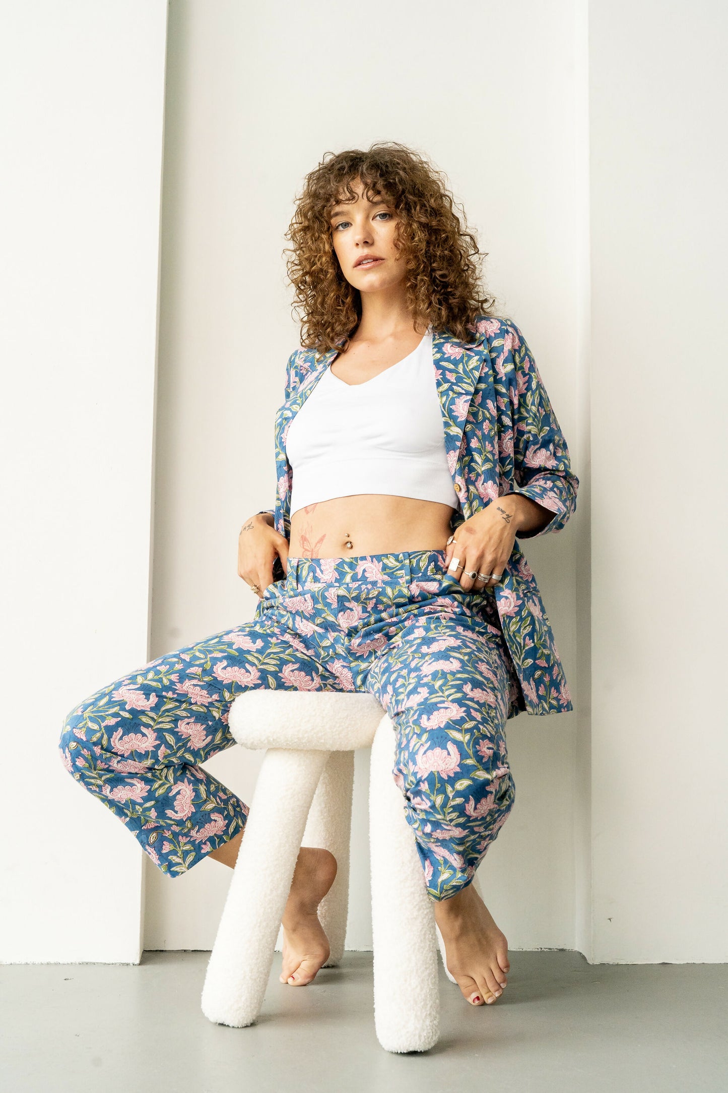 Midnight Blue & Pink Floral Blazer and Pant Set