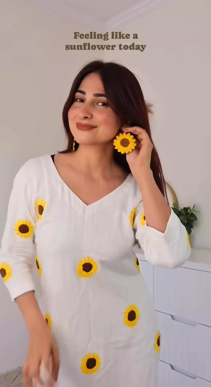 Hand embroidered Cotton Linen Sunflower Kurta Set