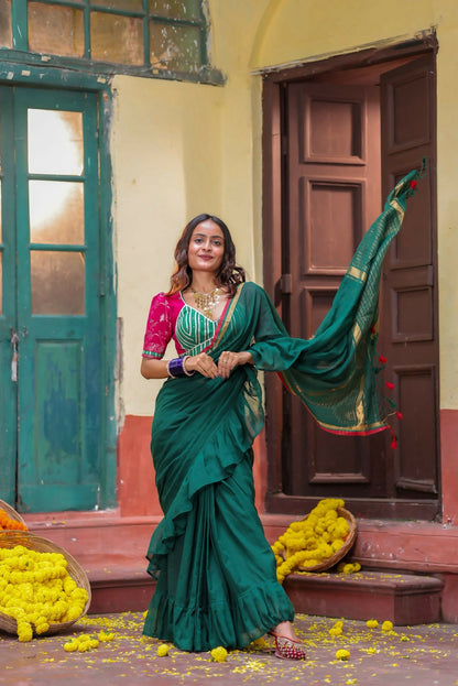 Green Ruffle Cotton Saree