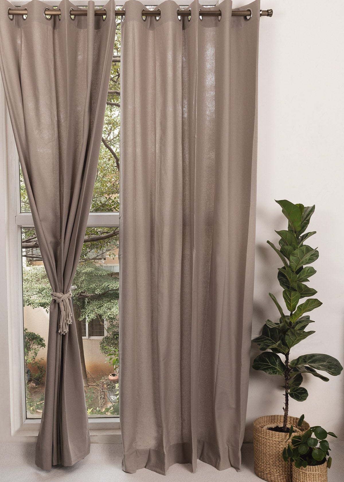 Room Darkening - Solid Walnut Grey Cotton Plain Curtain