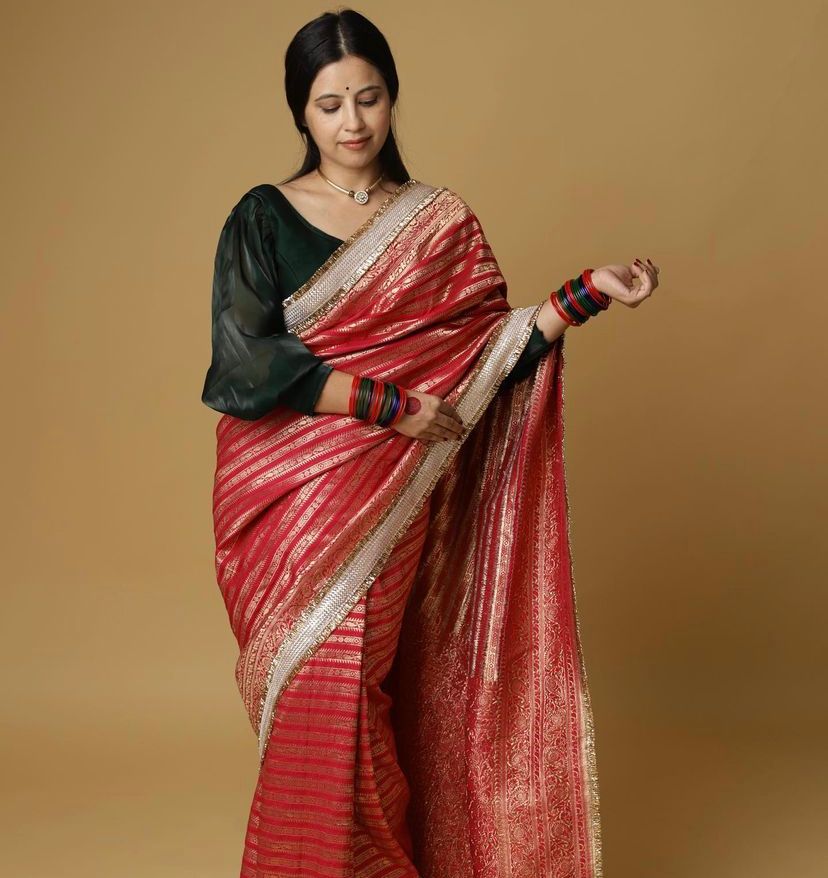 Crimson Red Woven Banarasi Silk Saree with overall Butti