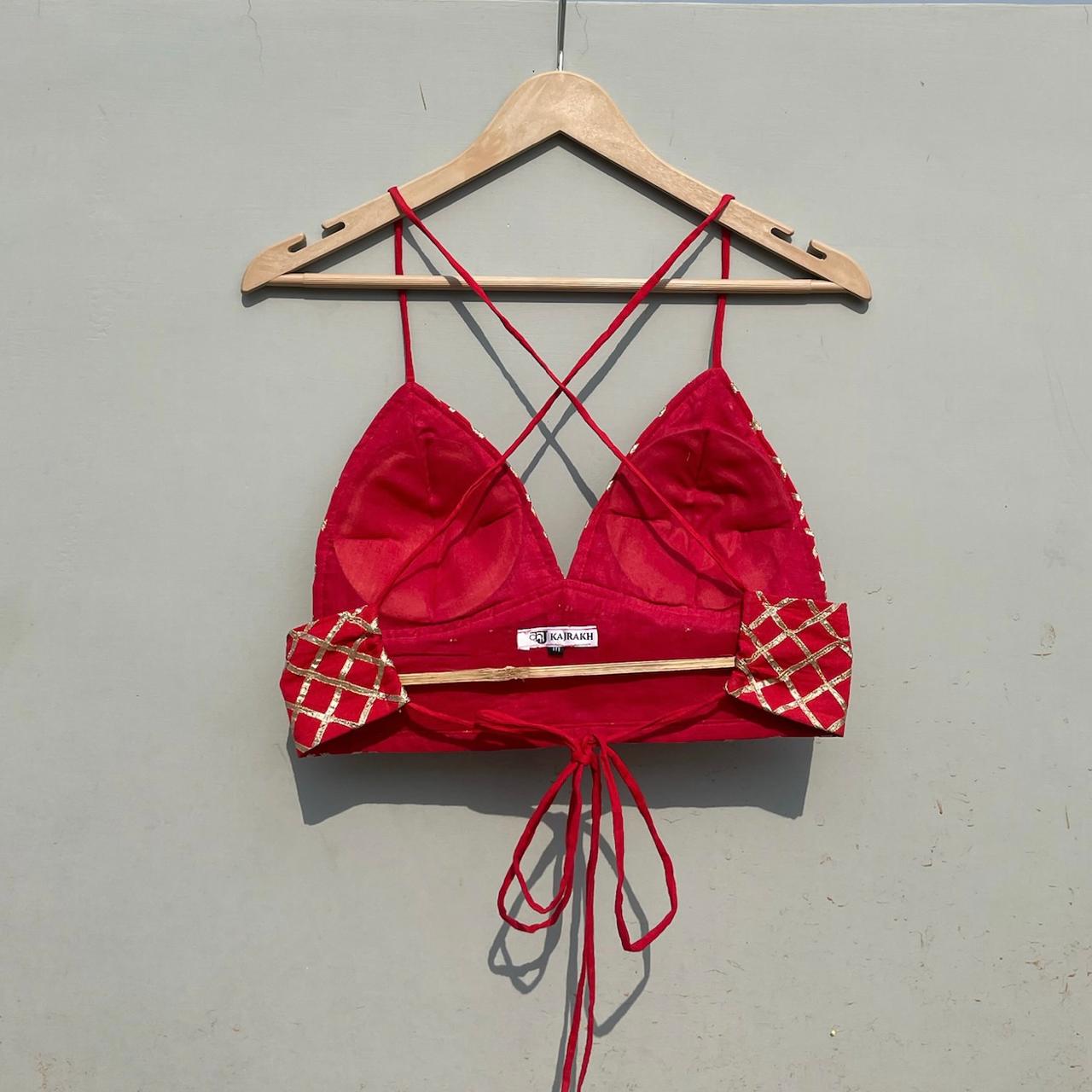 Red Checks Gotta Gujrati Embroidery Bralette