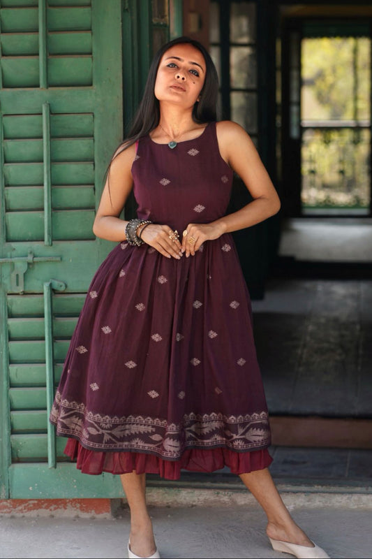 Wine Whisper Jamdani Cotton Dress