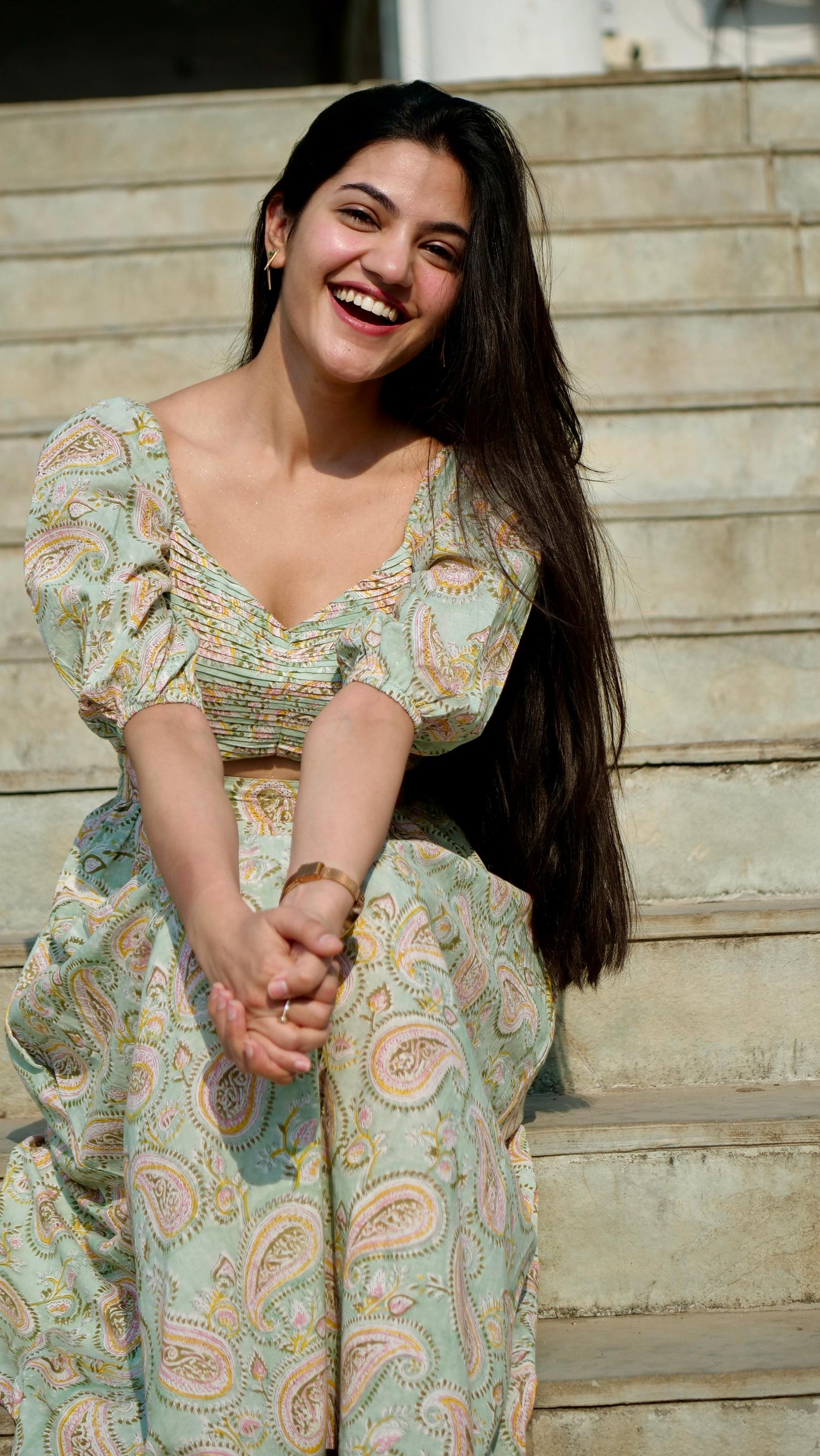 Pistachio Handblock Printed Pleated Dress