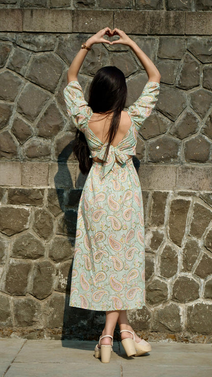 Pistachio Handblock Printed Pleated Dress