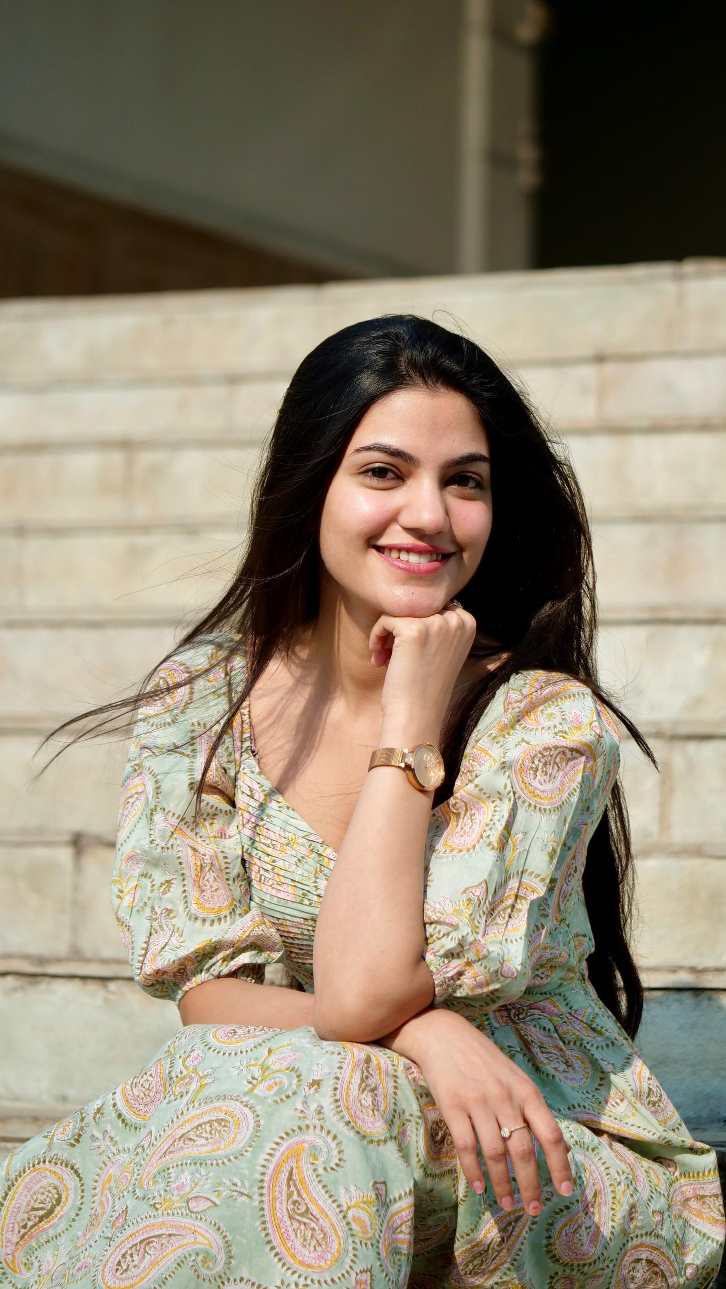 Pistachio Handblock Printed Pleated Dress