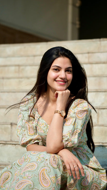 Pistachio Handblock Printed Pleated Dress