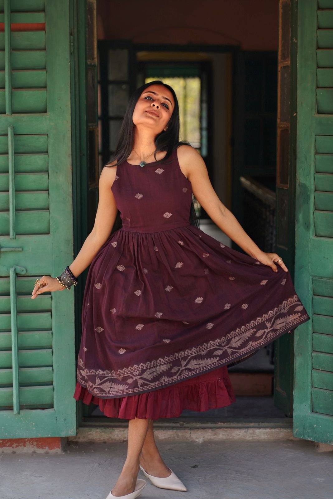 Wine Whisper Jamdani Cotton Dress