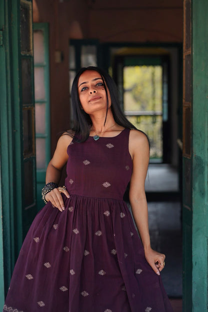 Wine Whisper Jamdani Cotton Dress