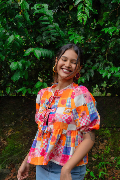 Take a Bow Hippie Trippy Cotton Top With Puff Sleeves