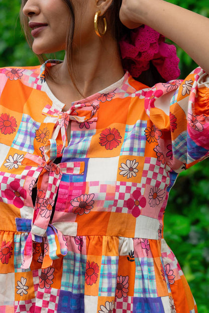 Take a Bow Hippie Trippy Cotton Top With Puff Sleeves