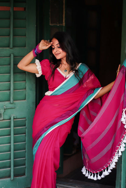 Strawberry Blast Pink Cotton Handloom Saree