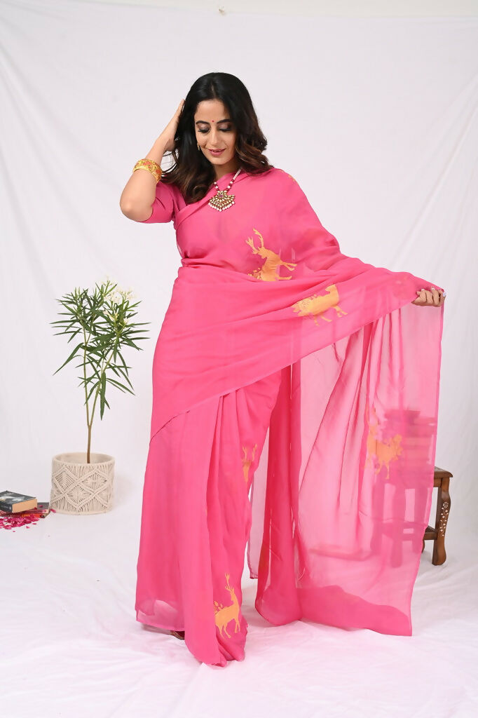 Pink Organza Reindeer Saree