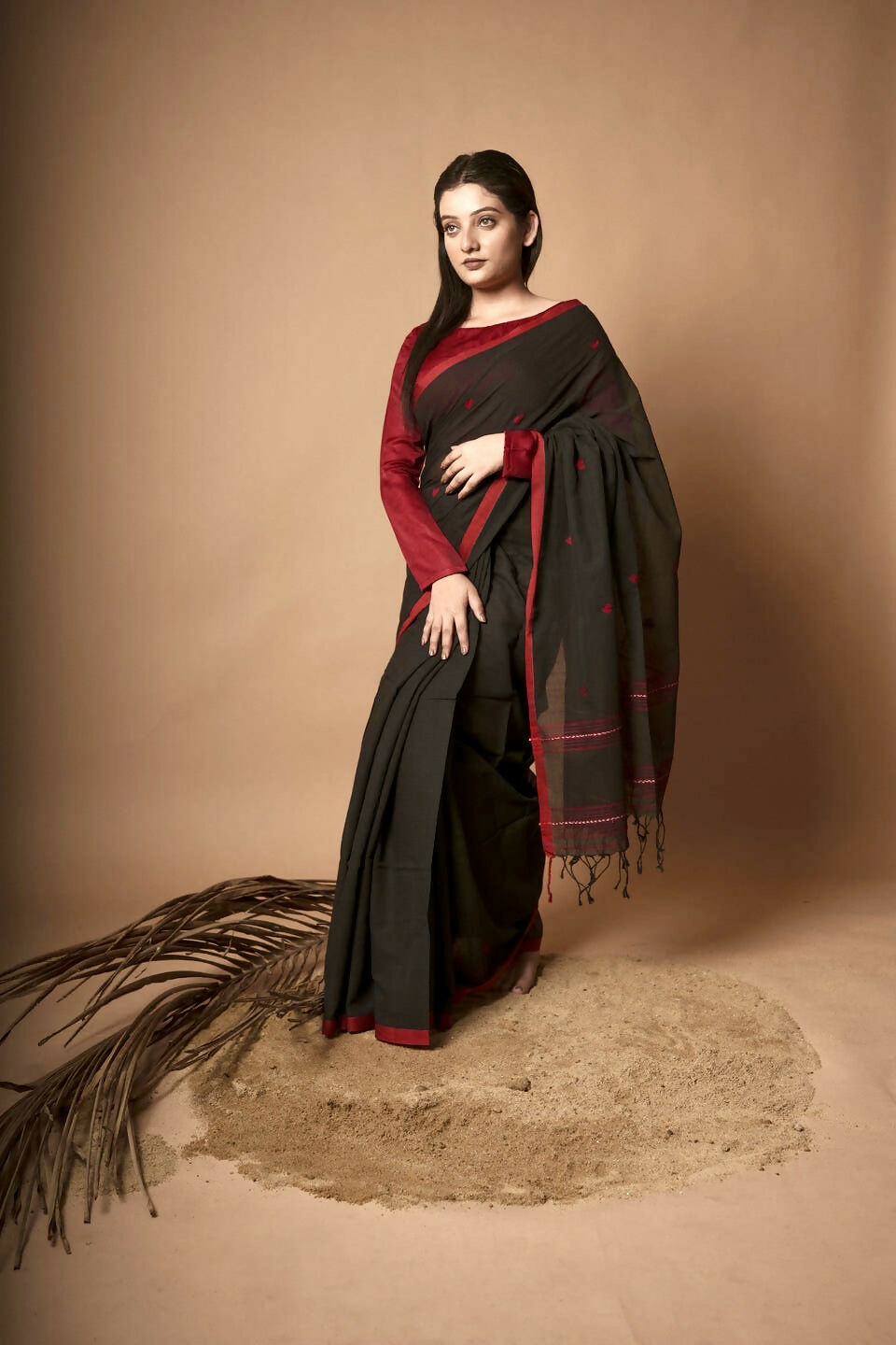 Nocturne I Black Cotton Saree With Red Heart Motifs