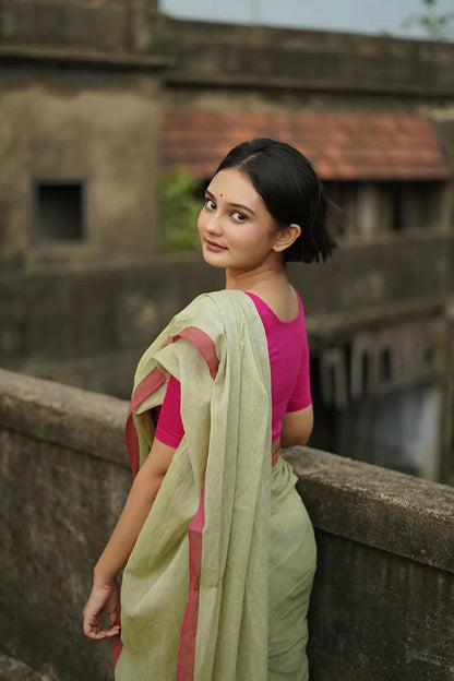 Pink Border Handwoven Mulmul Cotton Saree