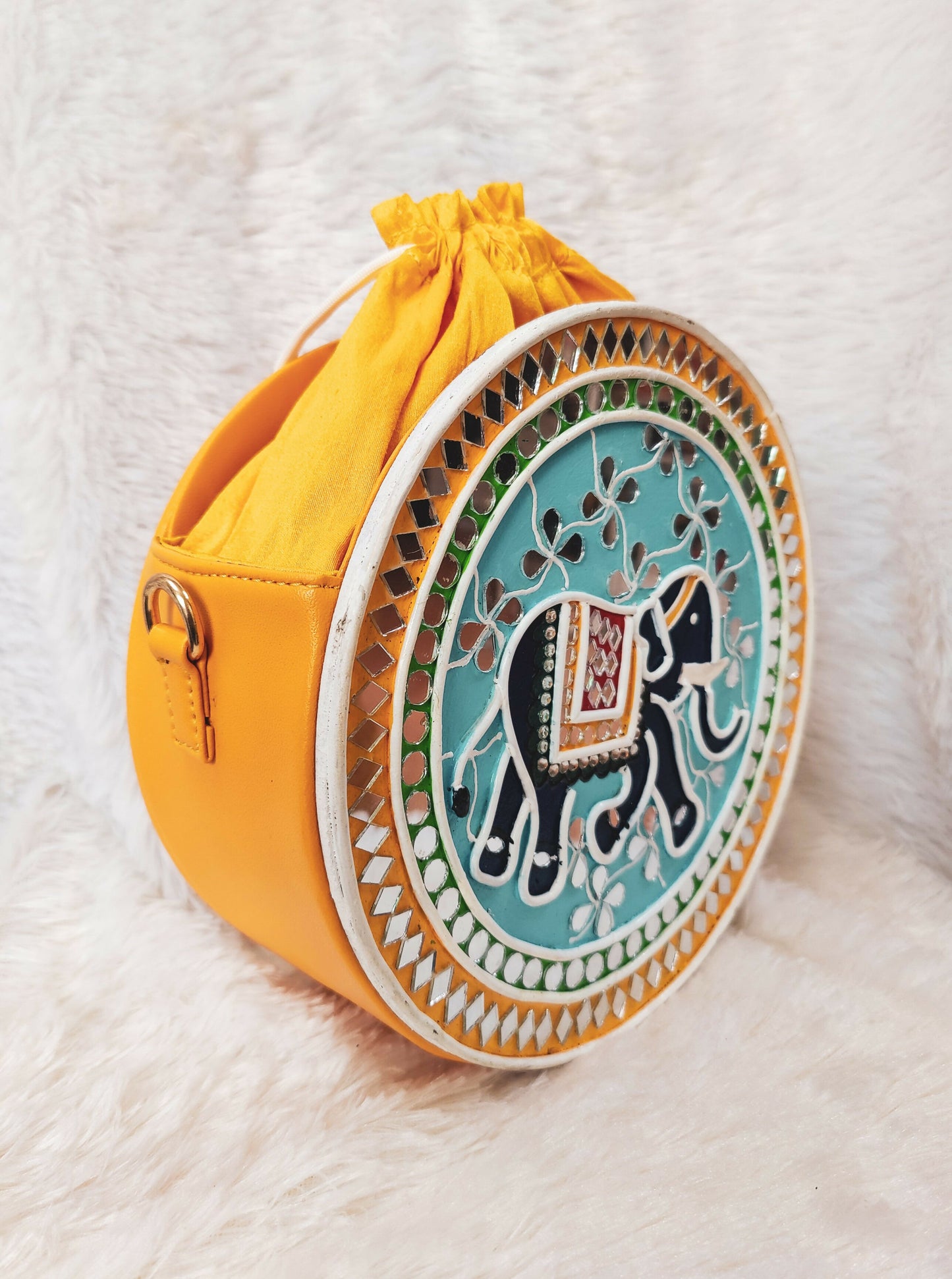 Indie Elephant Lippan Art Handcrafted Round Potli Bag with Sling