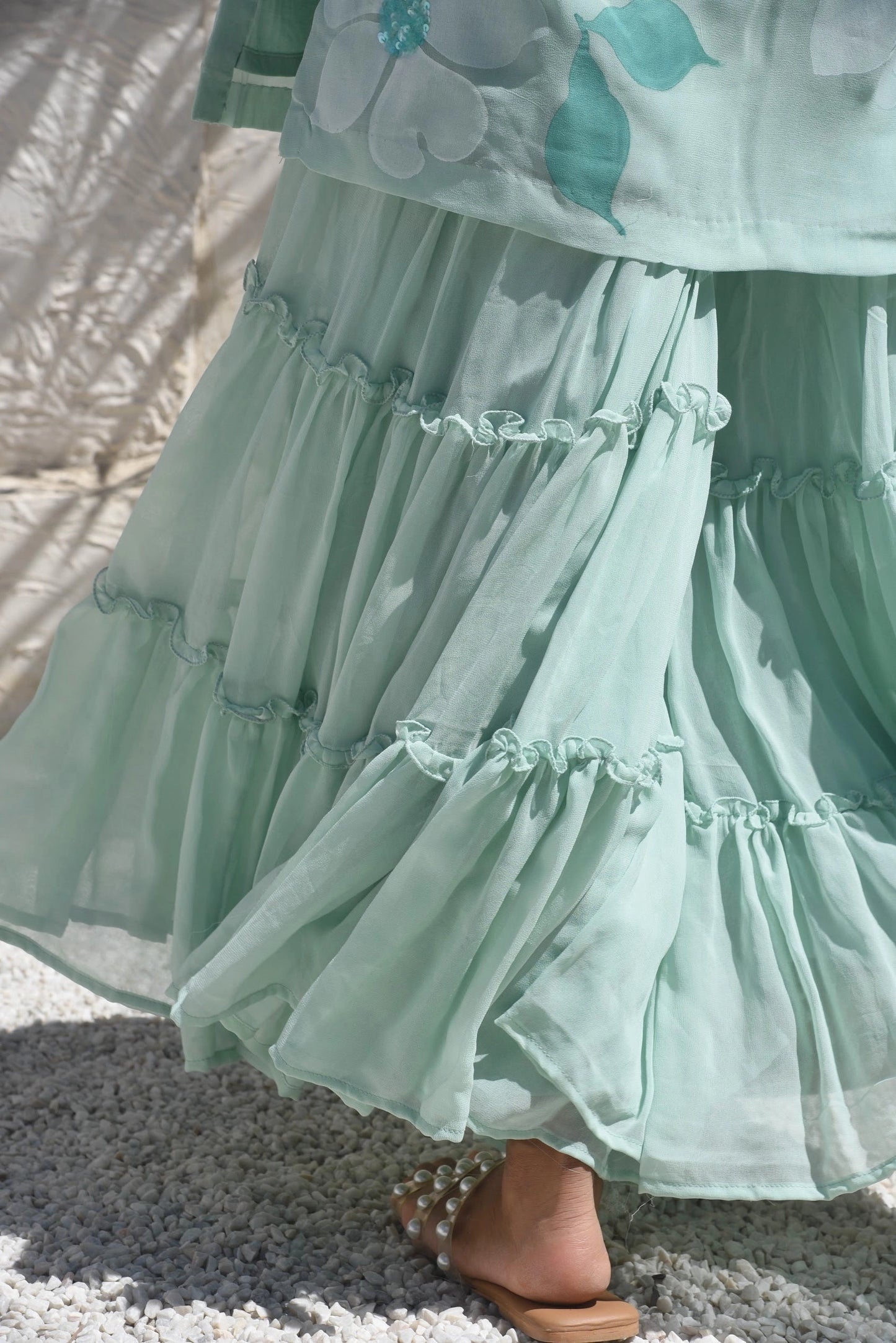 Handpainted Flora Georgette Sharara Set in Teal