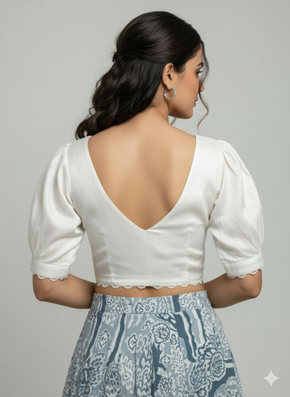 Vintage White Satin V-neck Blouse with Peter Pan Collar & Puff Sleeves