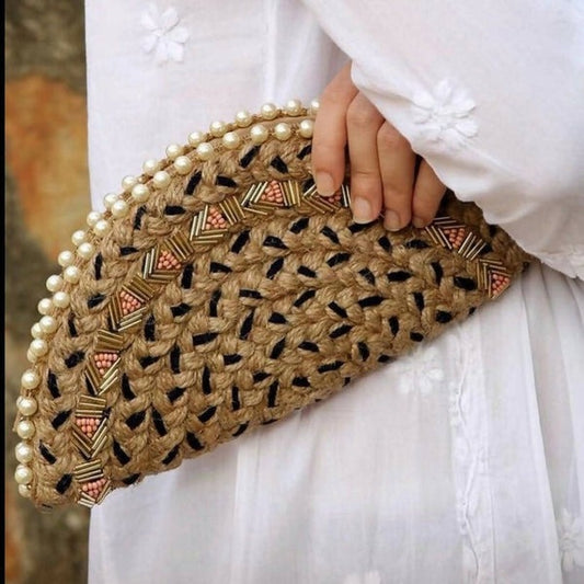 Naked Jute with Bugle Beads Half Moon Clutch