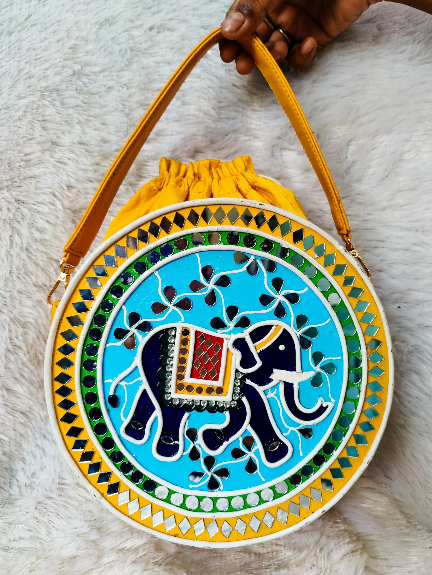 Indie Elephant Lippan Art Handcrafted Round Potli Bag with Sling