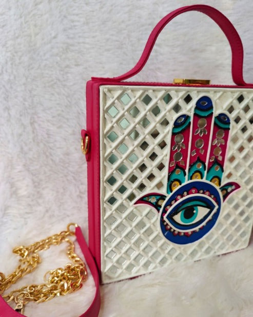 Hamsa Square Lippan Art Handcrafted Box Bag