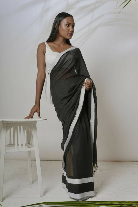 White & Black Cotton Handloom Saree With Black Border